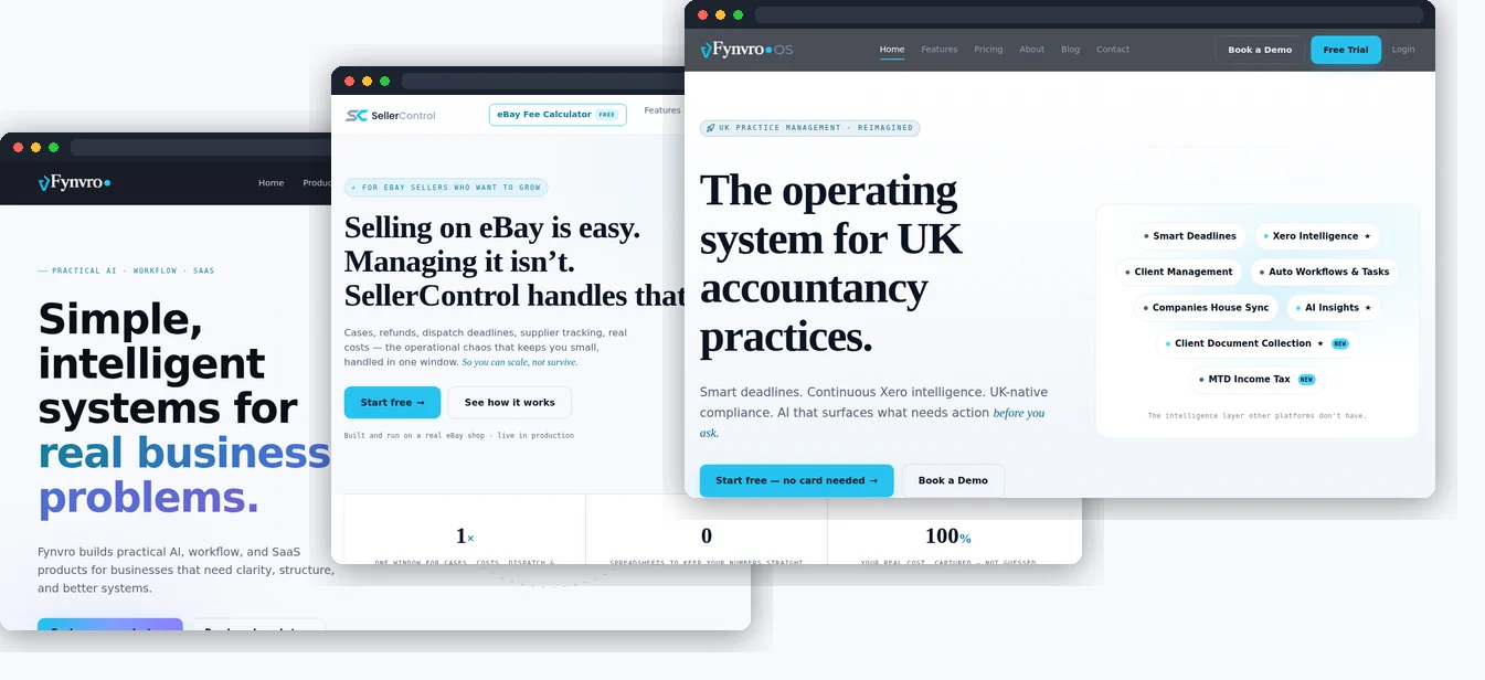 Three websites built by Fynvro Web, shown in browser frames